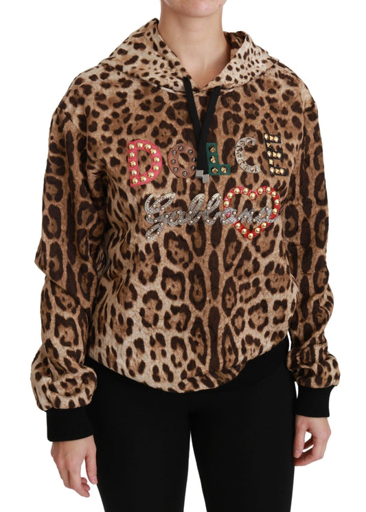 Maglione con cappuccio marrone e borchie in Ayers leopardato Dolce &amp; Gabbana