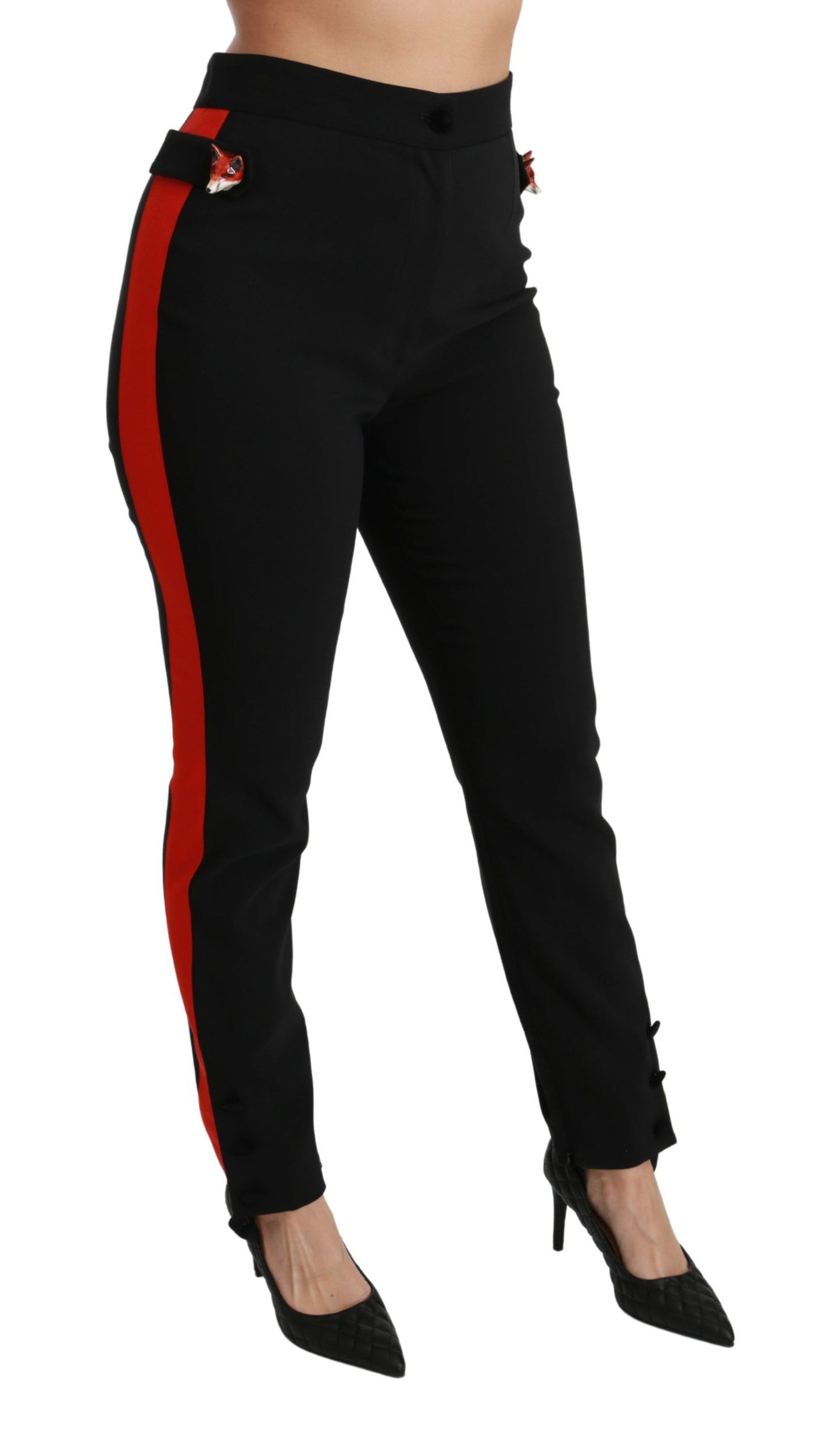 Pantaloni neri skinny elasticizzati in cotone con testa di volpe Dolce &amp; Gabbana