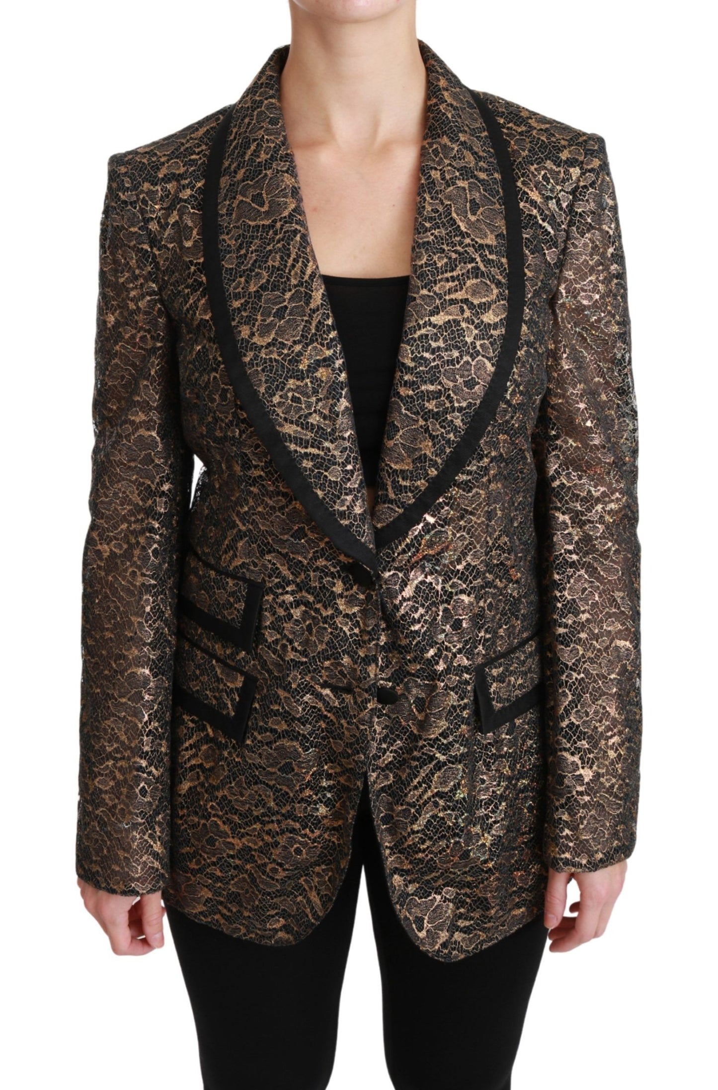 Dolce &amp; Gabbana Giacca Blazer in Pizzo Nero Oro e Floreale