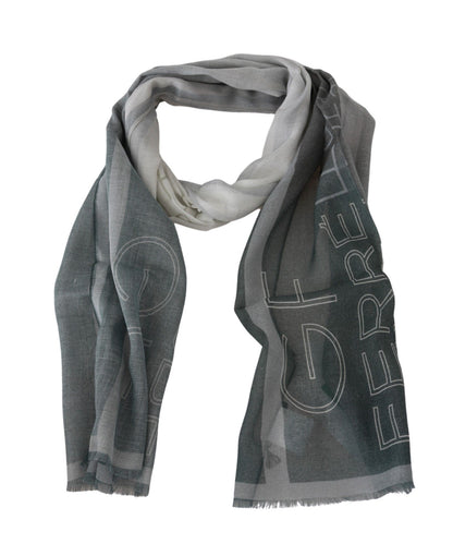 Sciarpa con marchio GF Ferre in lana e viscosa grigia con motivo foulard
