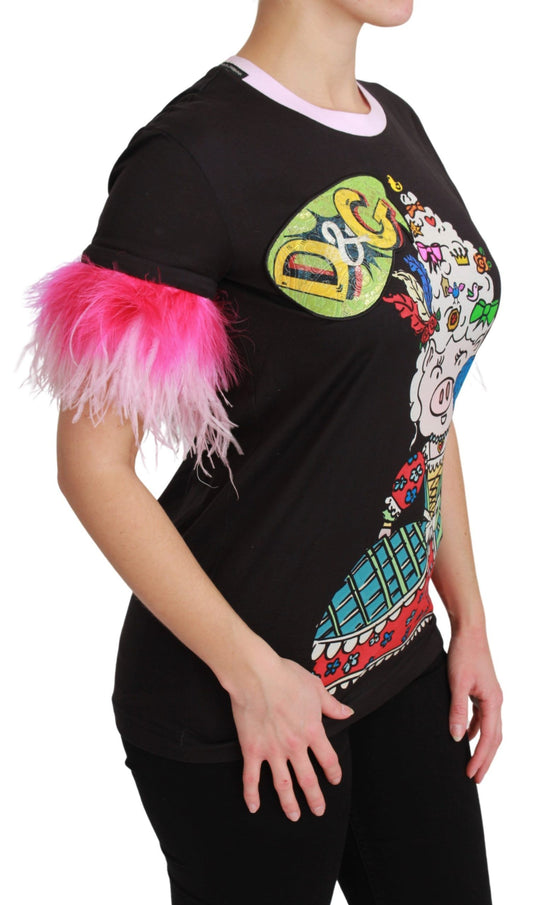 Dolce &amp; Gabbana T-shirt nera in cotone con scritta "YEAR OF THE PIG"