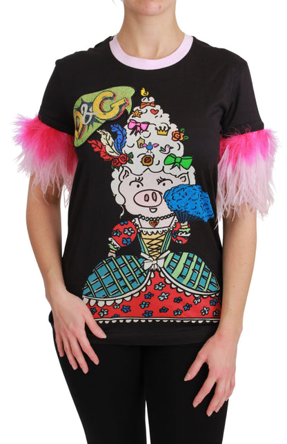 Dolce &amp; Gabbana T-shirt nera in cotone con scritta "YEAR OF THE PIG"