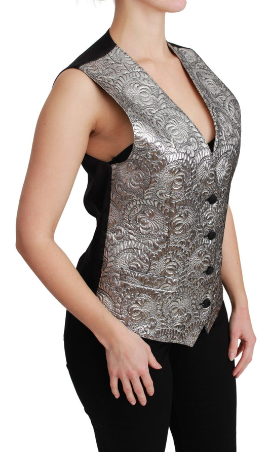 Dolce &amp; Gabbana Top senza maniche in broccato argento metallizzato