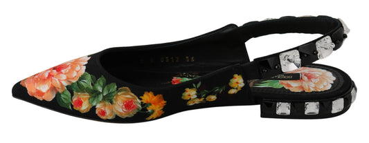 Scarpe basse Dolce &amp; Gabbana con cinturino posteriore in cristallo floreale nero
