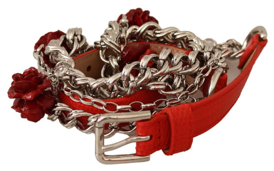Cintura in pelle rossa con rose e fiori in argento Dolce &amp; Gabbana
