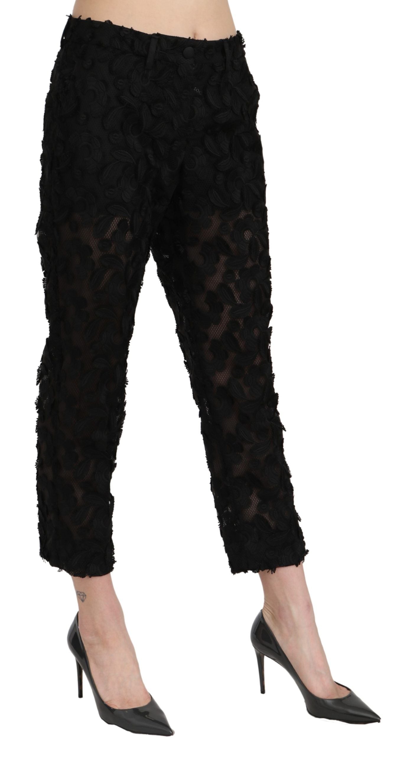Pantaloni a vita alta dritti e corti in pizzo nero Dolce &amp; Gabbana