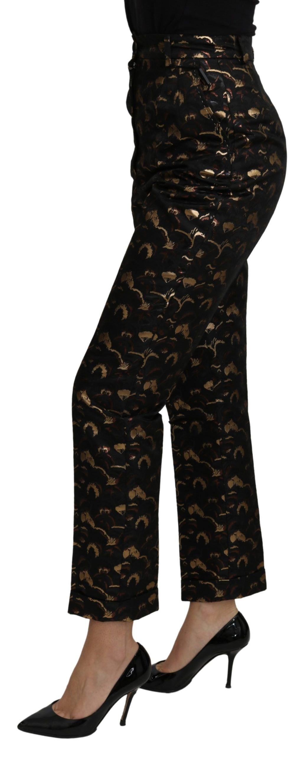 Pantaloni a vita alta in broccato nero e oro Dolce &amp; Gabbana