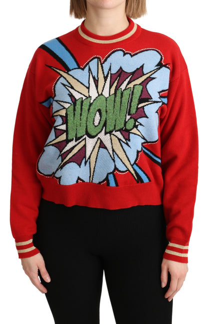 Dolce &amp; Gabbana Maglione rosso lavorato a maglia in cashmere con motivo cartoon