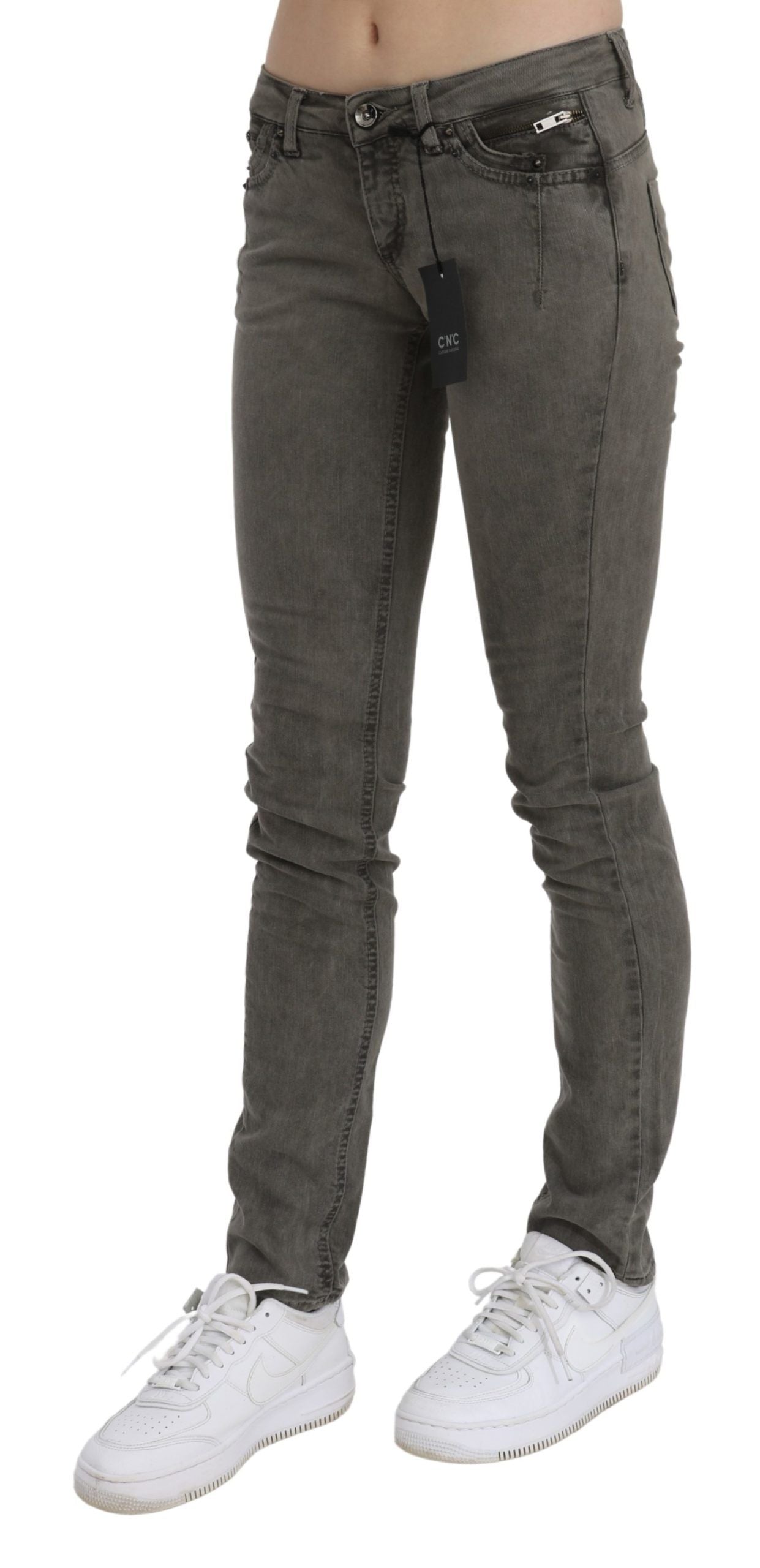 Jeans skinny in denim di cotone a vita bassa grigi Costume National