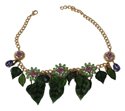 Collana con ciondolo a forma di fiore in cristallo e ottone dorato con foglie verdi di Dolce &amp; Gabbana