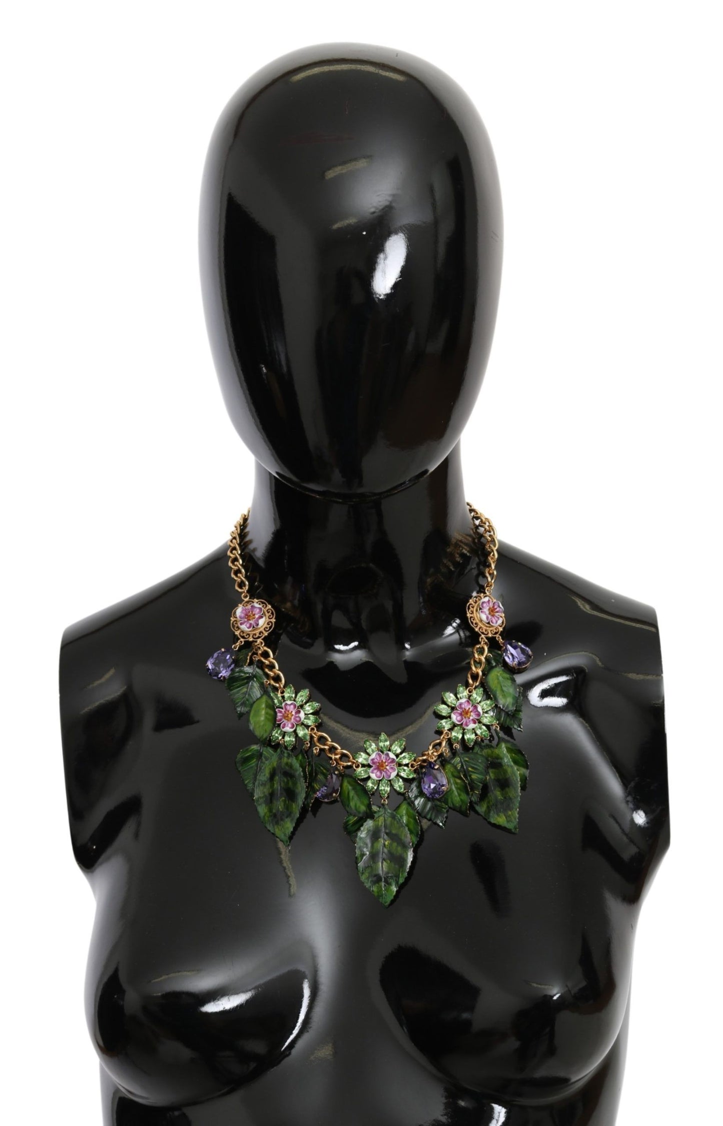 Collana con ciondolo a forma di fiore in cristallo e ottone dorato con foglie verdi di Dolce &amp; Gabbana