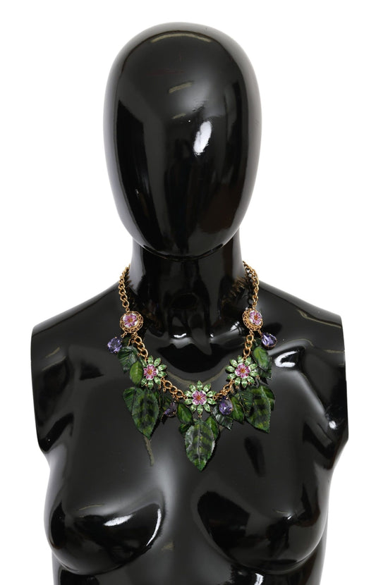 Collana con ciondolo a forma di fiore in cristallo e ottone dorato con foglie verdi di Dolce &amp; Gabbana