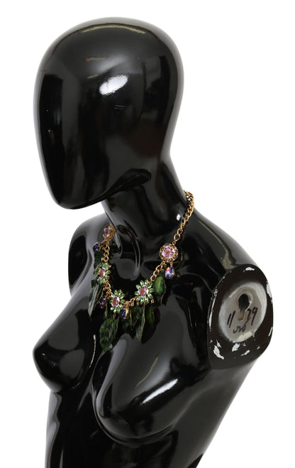 Collana con ciondolo a forma di fiore in cristallo e ottone dorato con foglie verdi di Dolce &amp; Gabbana