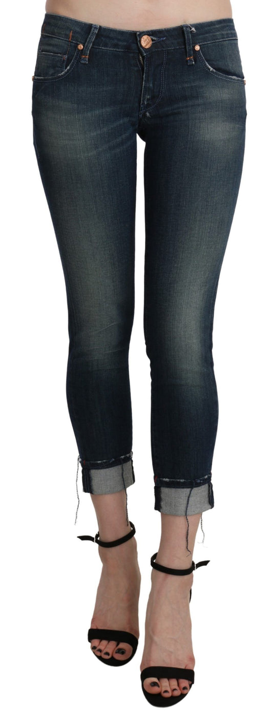 Pantaloni in denim skinny cropped a vita bassa, lavati blu Acht