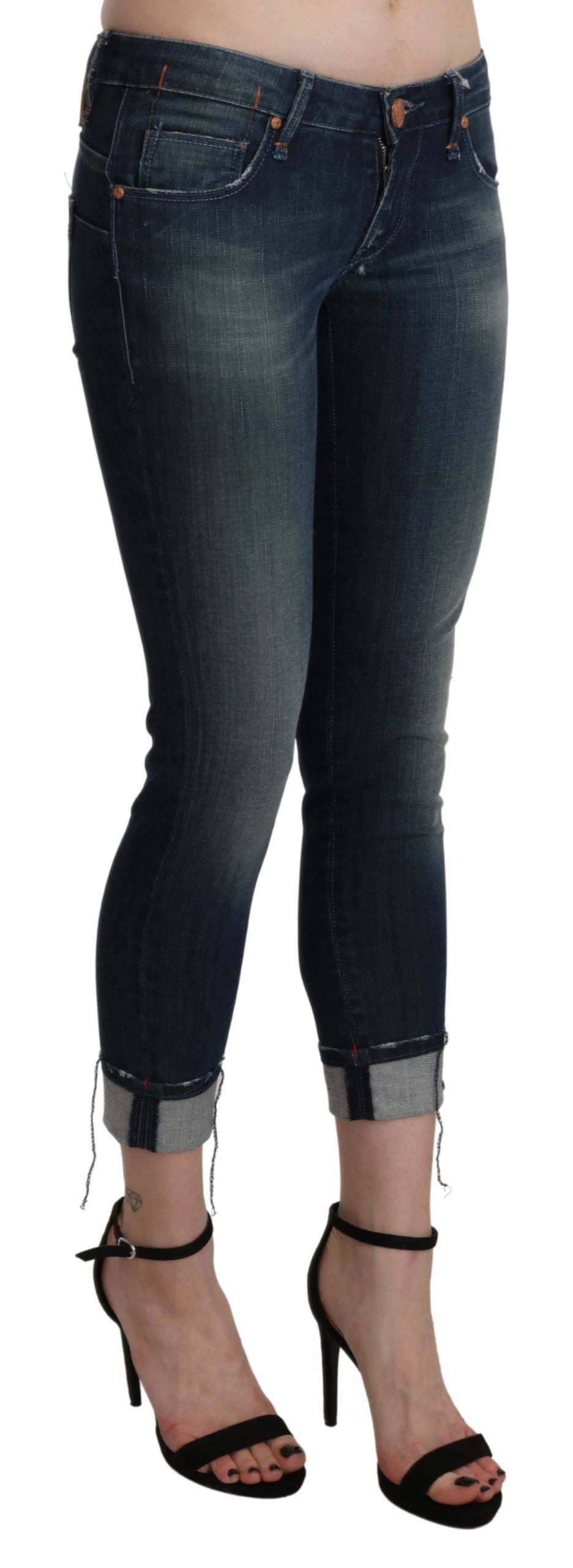 Pantaloni in denim skinny cropped a vita bassa, lavati blu Acht