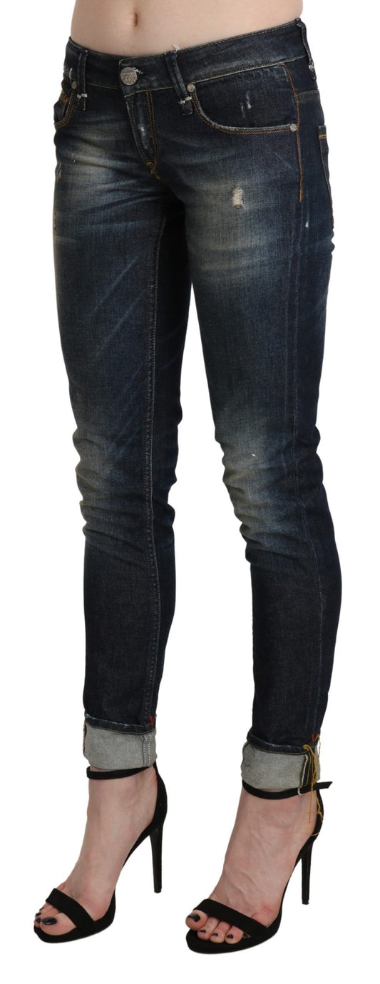 Pantaloni in denim skinny a vita bassa, lavati blu Acht