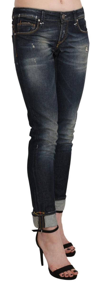 Pantaloni in denim skinny a vita bassa, lavati blu Acht