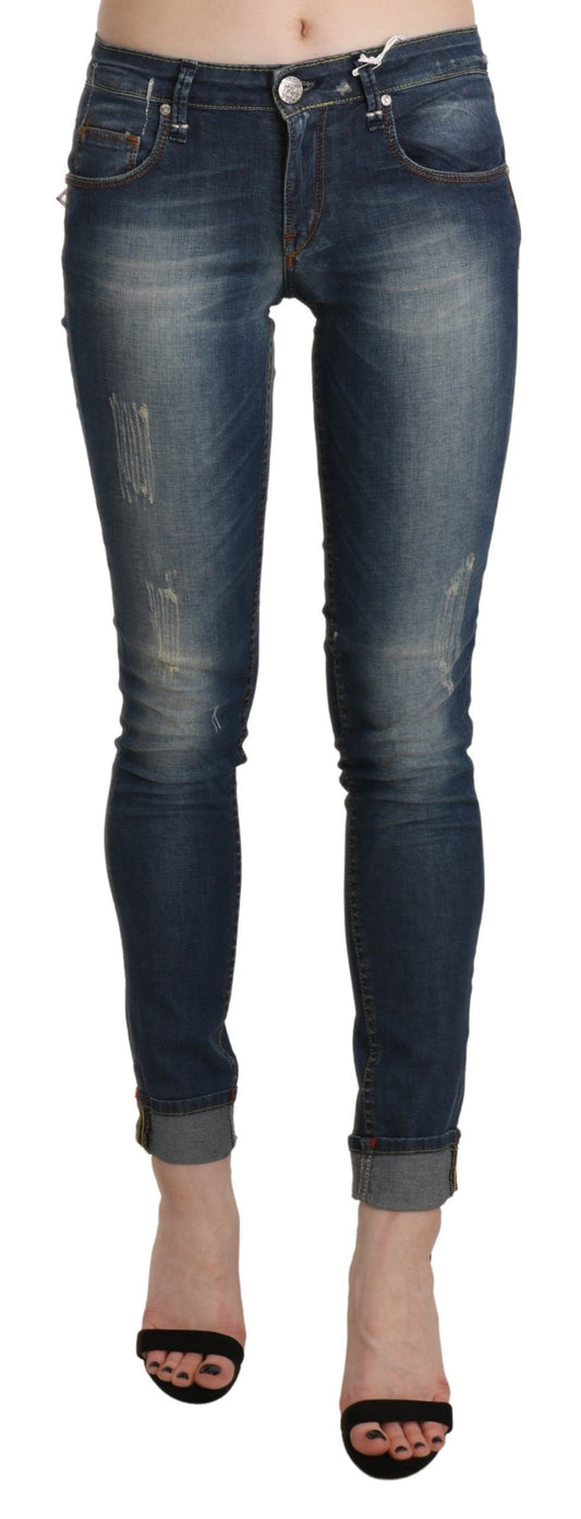 Pantaloni in denim skinny a vita bassa, lavati blu Acht