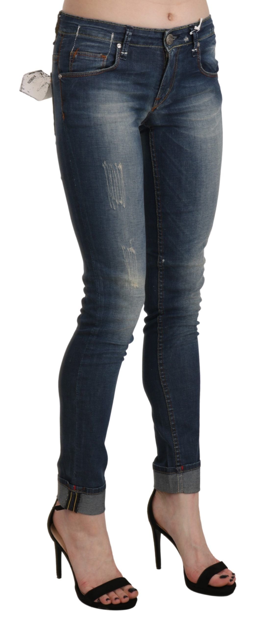 Pantaloni in denim skinny a vita bassa, lavati blu Acht