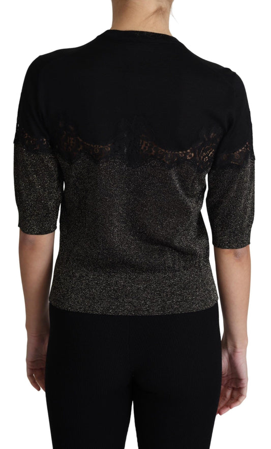 Dolce &amp; Gabbana Top pullover con inserti in pizzo lurex nero lucido