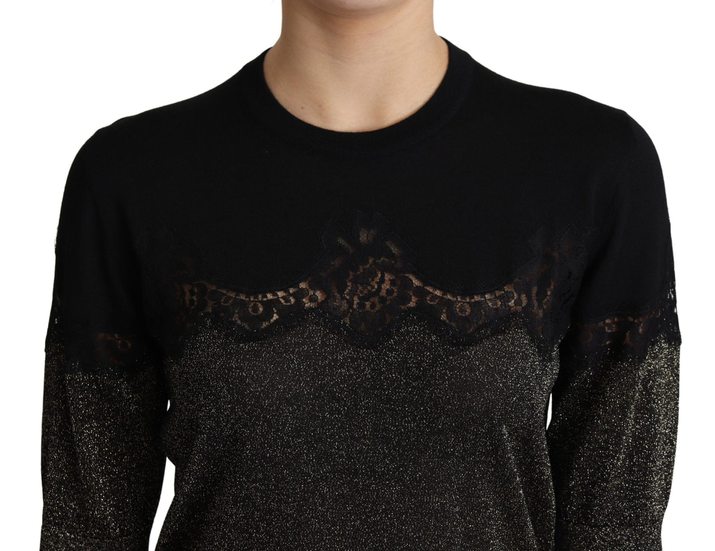 Dolce &amp; Gabbana Top pullover con inserti in pizzo lurex nero lucido