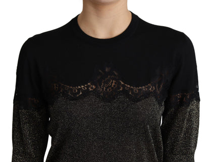Dolce &amp; Gabbana Top pullover con inserti in pizzo lurex nero lucido