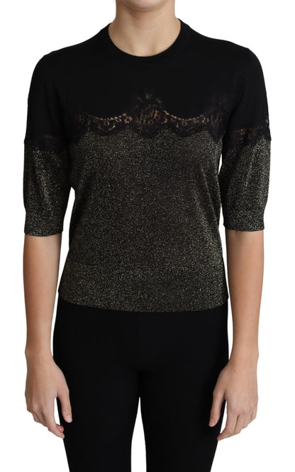 Dolce &amp; Gabbana Top pullover con inserti in pizzo lurex nero lucido