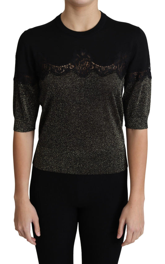 Dolce &amp; Gabbana Top pullover con inserti in pizzo lurex nero lucido