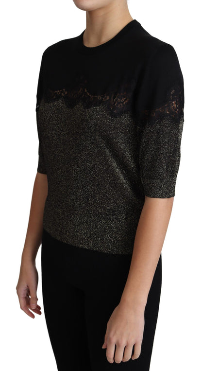 Dolce &amp; Gabbana Top pullover con inserti in pizzo lurex nero lucido