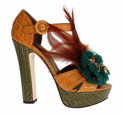 Sandali con plateau in pelle arancione e cristalli Dolce &amp; Gabbana