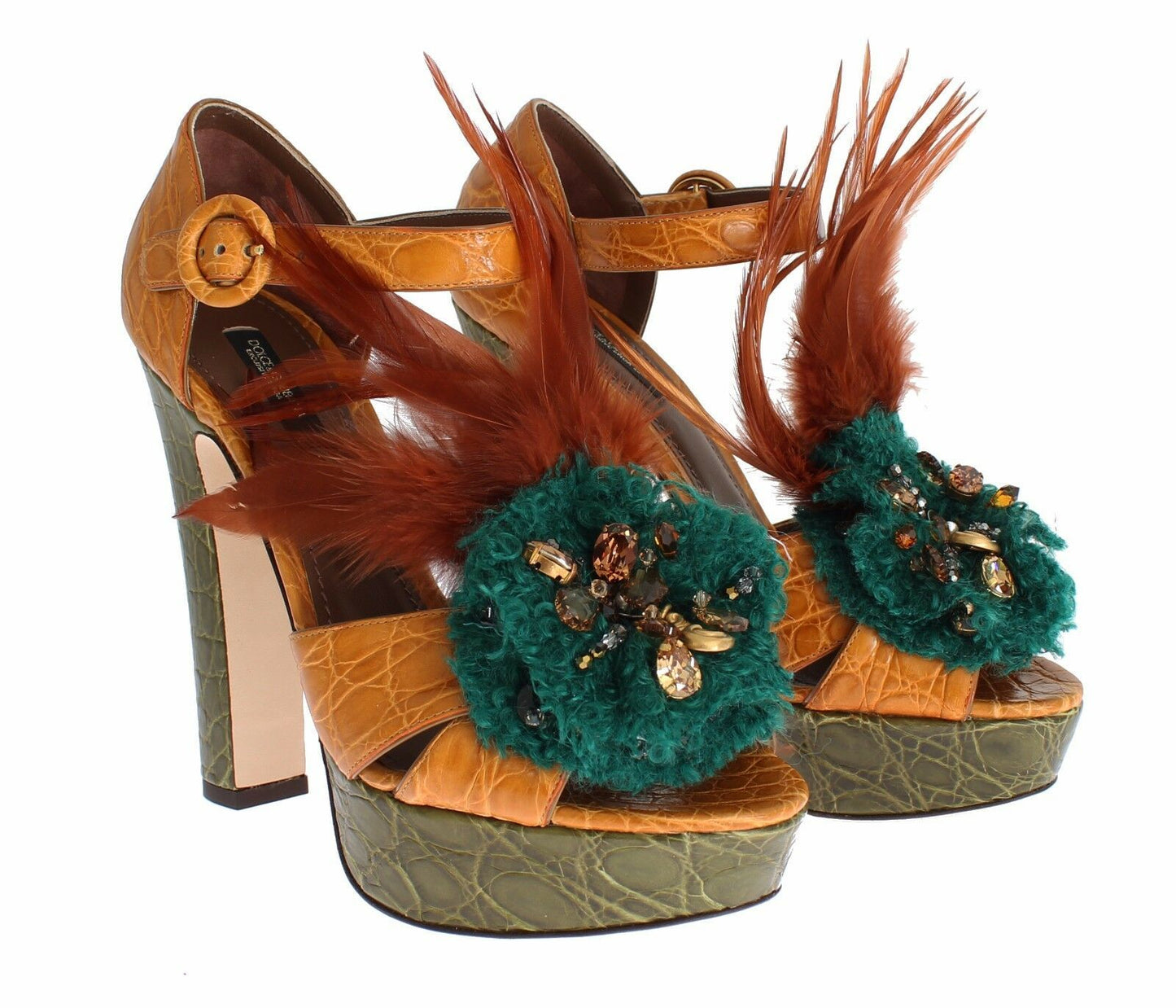 Sandali con plateau in pelle arancione e cristalli Dolce &amp; Gabbana