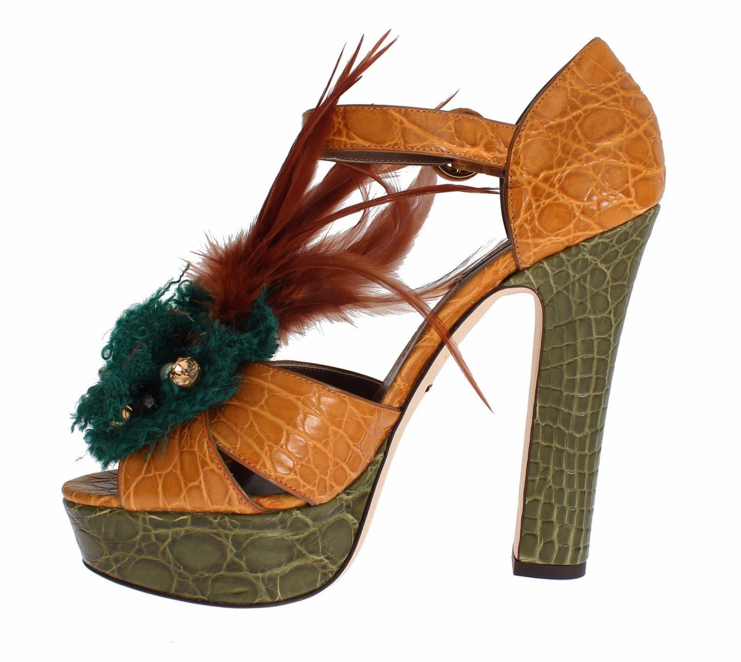 Sandali con plateau in pelle arancione e cristalli Dolce &amp; Gabbana