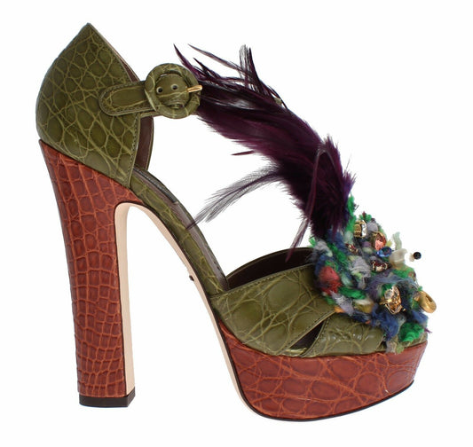 Sandali con plateau in pelle verde e cristalli Dolce &amp; Gabbana