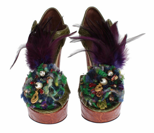 Sandali con plateau in pelle verde e cristalli Dolce &amp; Gabbana