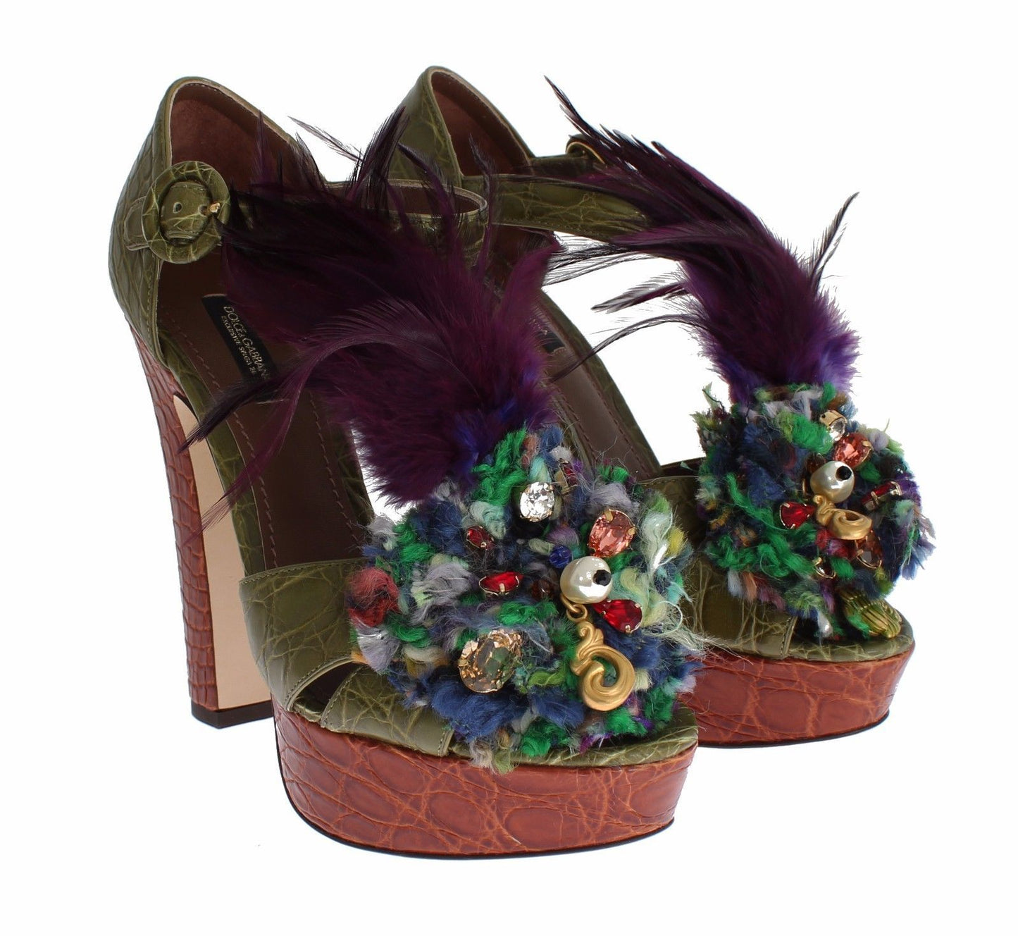 Sandali con plateau in pelle verde e cristalli Dolce &amp; Gabbana