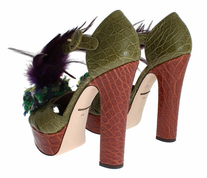 Sandali con plateau in pelle verde e cristalli Dolce &amp; Gabbana