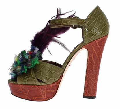 Sandali con plateau in pelle verde e cristalli Dolce &amp; Gabbana