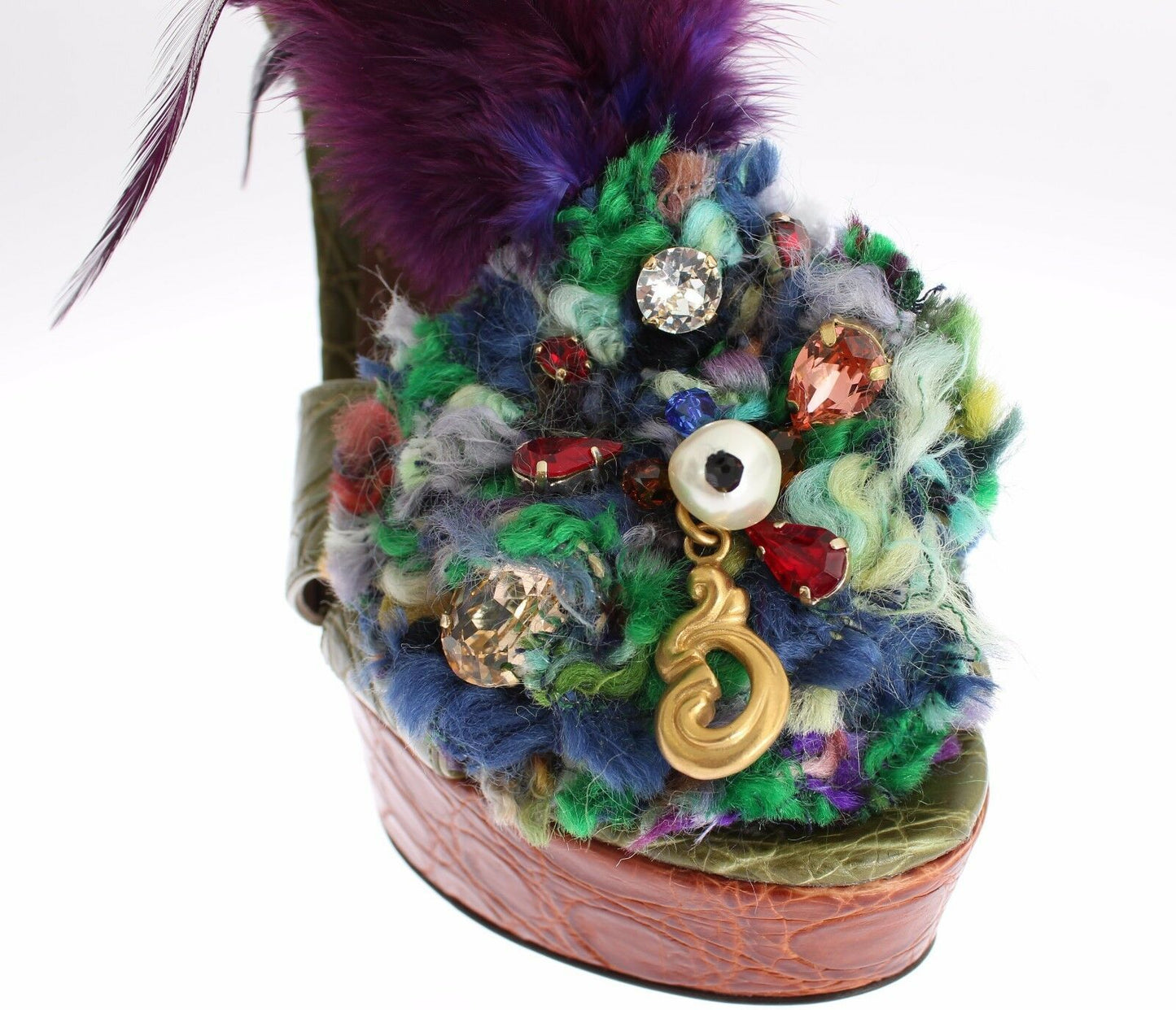 Sandali con plateau in pelle verde e cristalli Dolce &amp; Gabbana