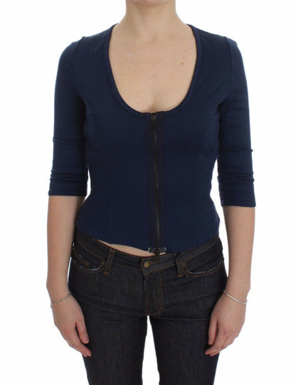 Maglione girocollo profondo con cerniera superiore in cotone blu Exte