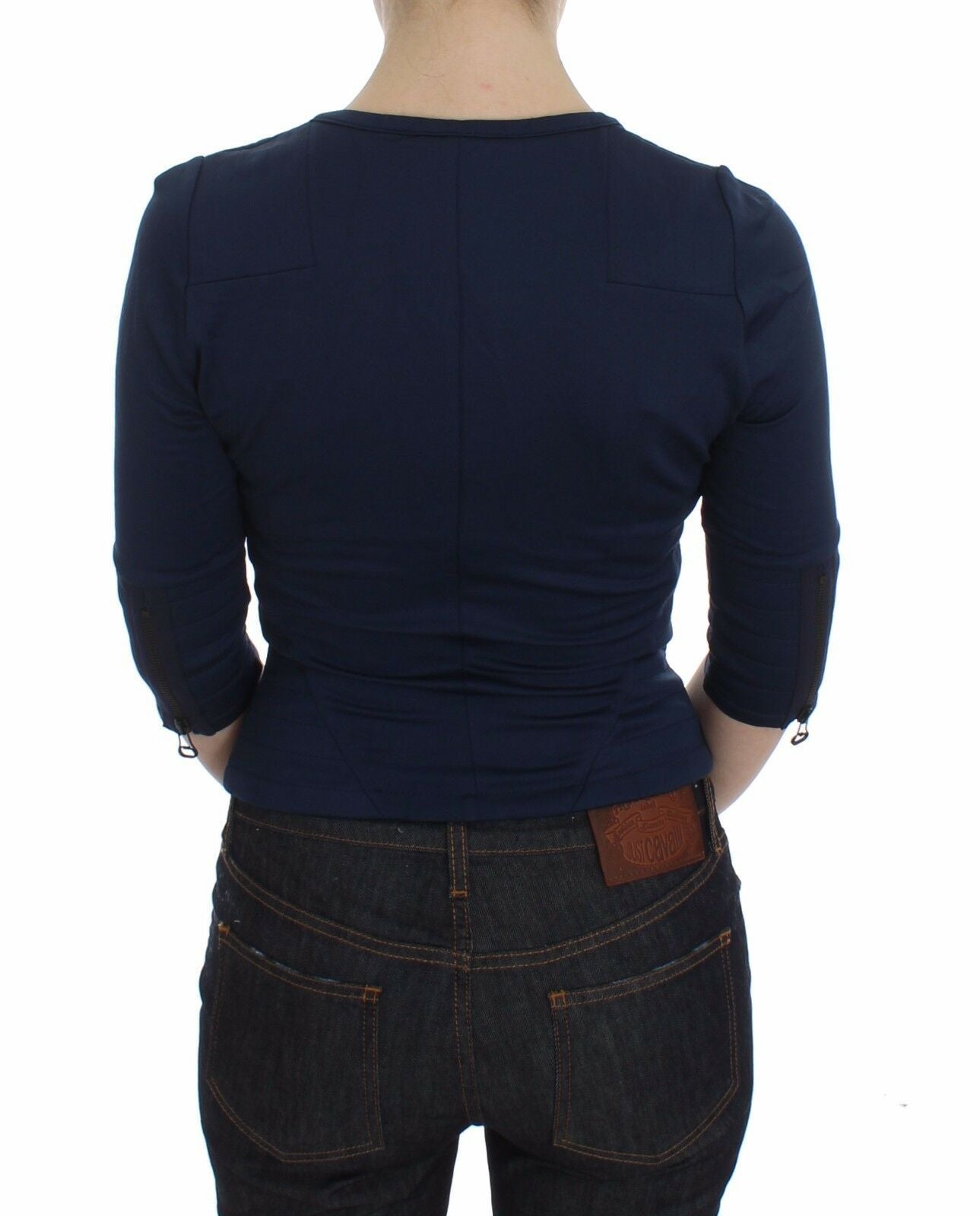Maglione girocollo profondo con cerniera superiore in cotone blu Exte