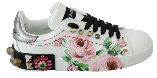 Dolce &amp; Gabbana Scarpe da ginnastica bianche in pelle con rose di cristallo e fiori