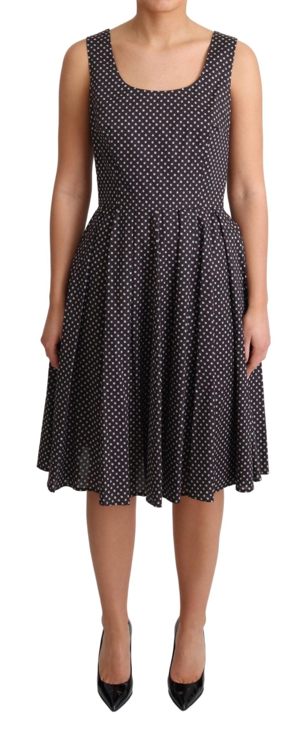 Abito elasticizzato a trapezio in cotone floreale nero Dolce &amp; Gabbana