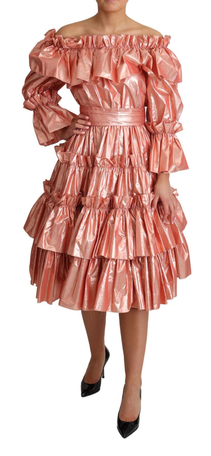 Abito in seta e cotone con volant rosa Dolce &amp; Gabbana