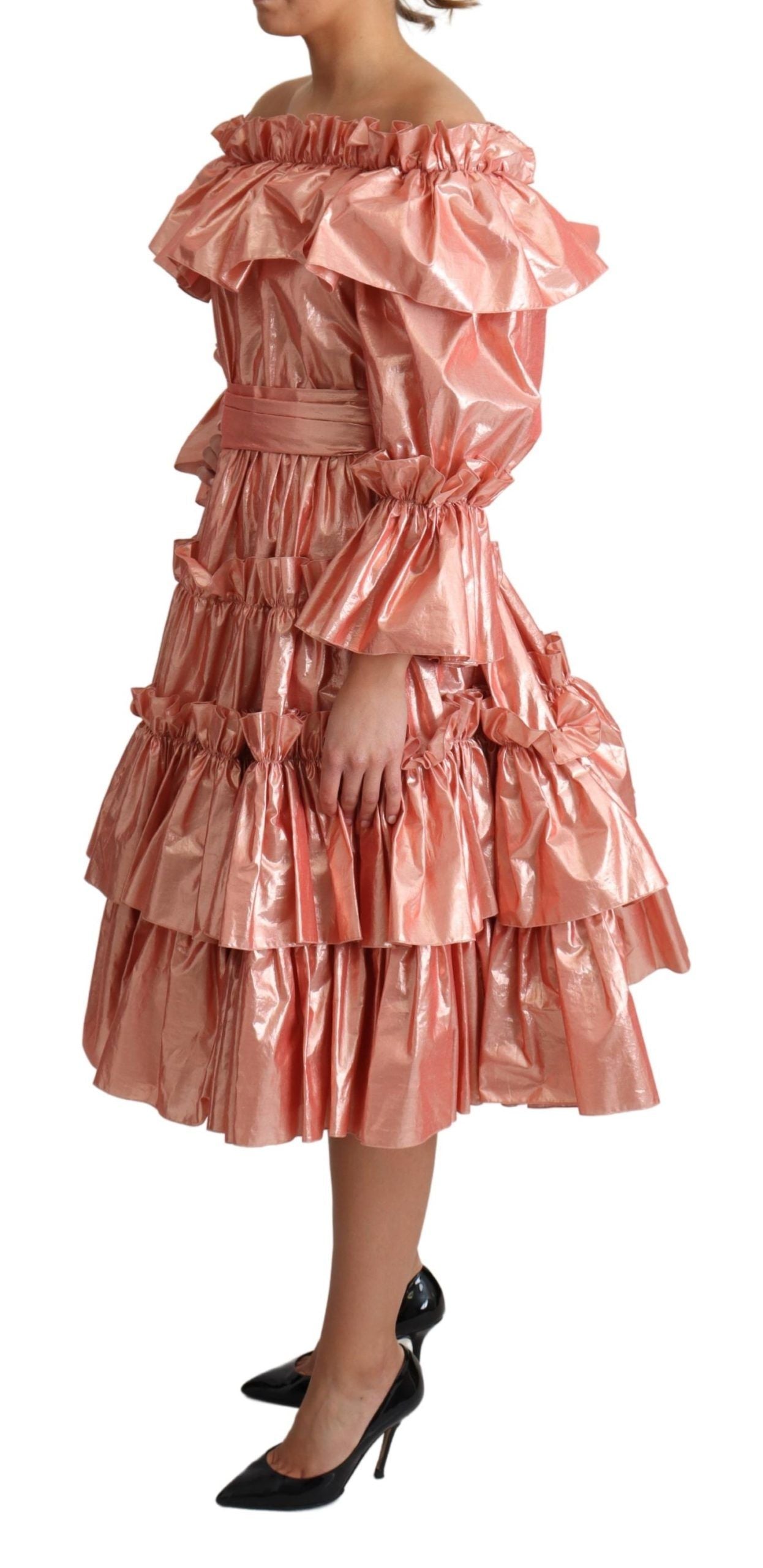 Abito in seta e cotone con volant rosa Dolce &amp; Gabbana