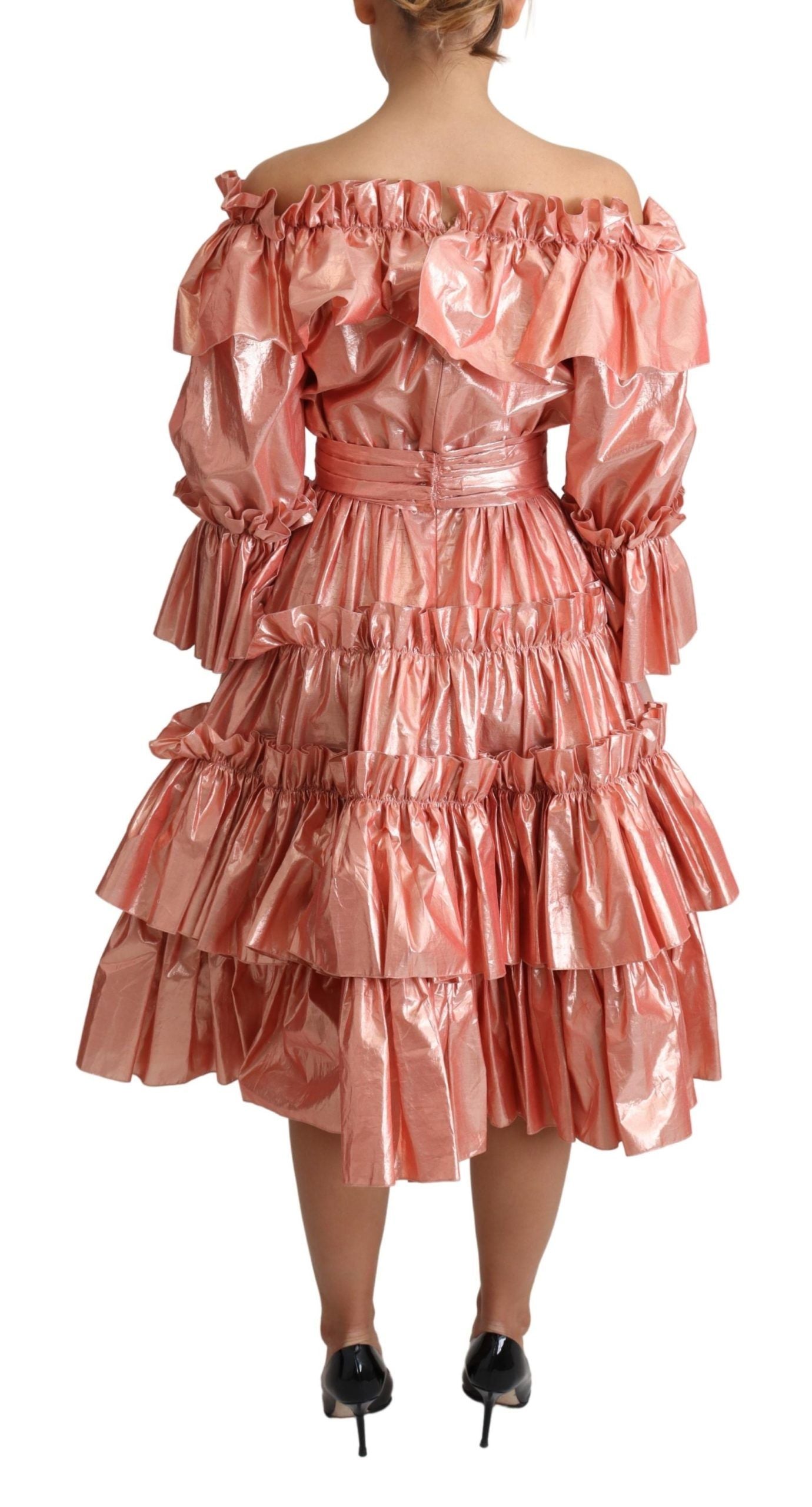 Abito in seta e cotone con volant rosa Dolce &amp; Gabbana