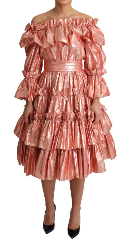 Abito in seta e cotone con volant rosa Dolce &amp; Gabbana
