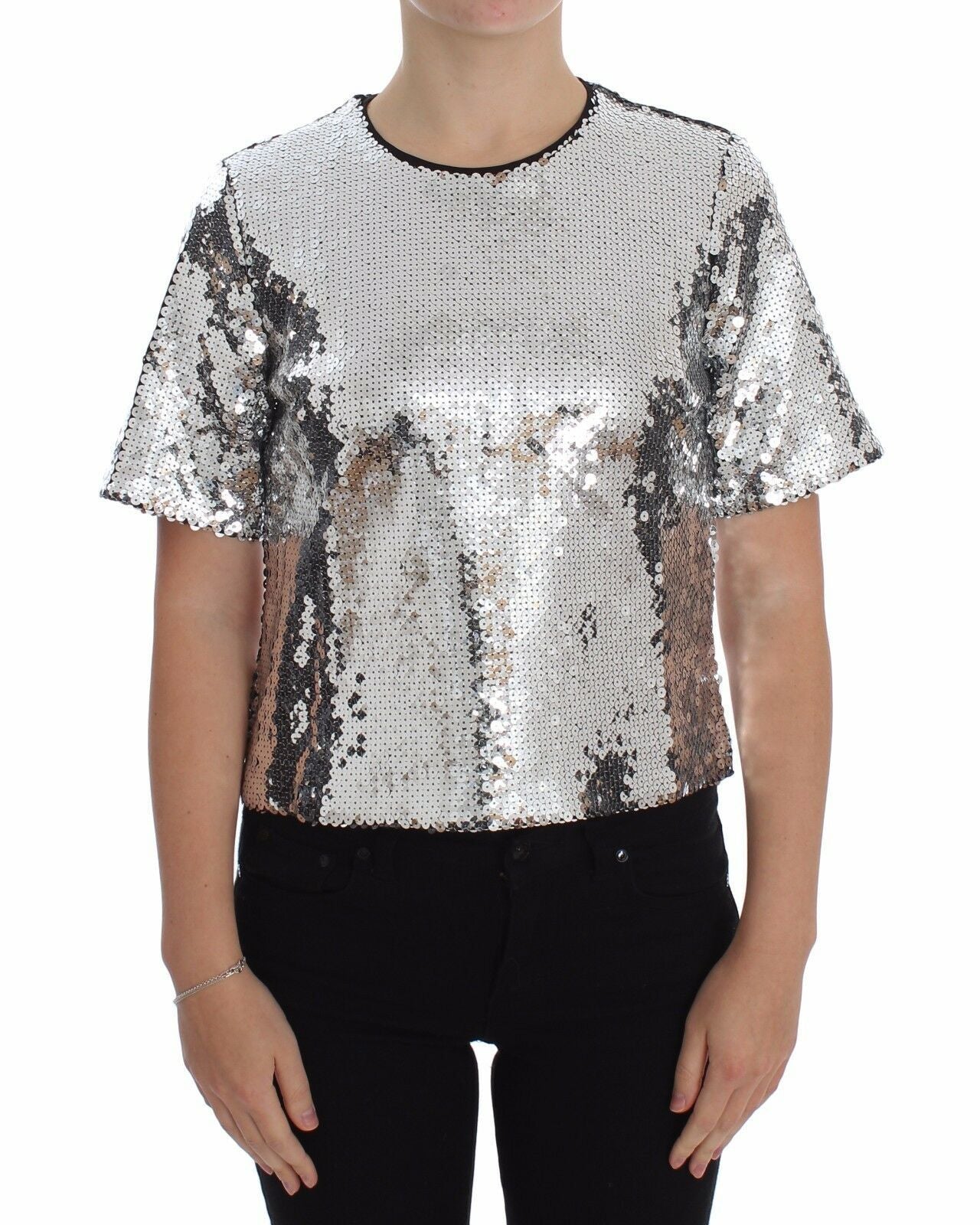 Dolce &amp; Gabbana - Top con scollo a V e paillettes argento