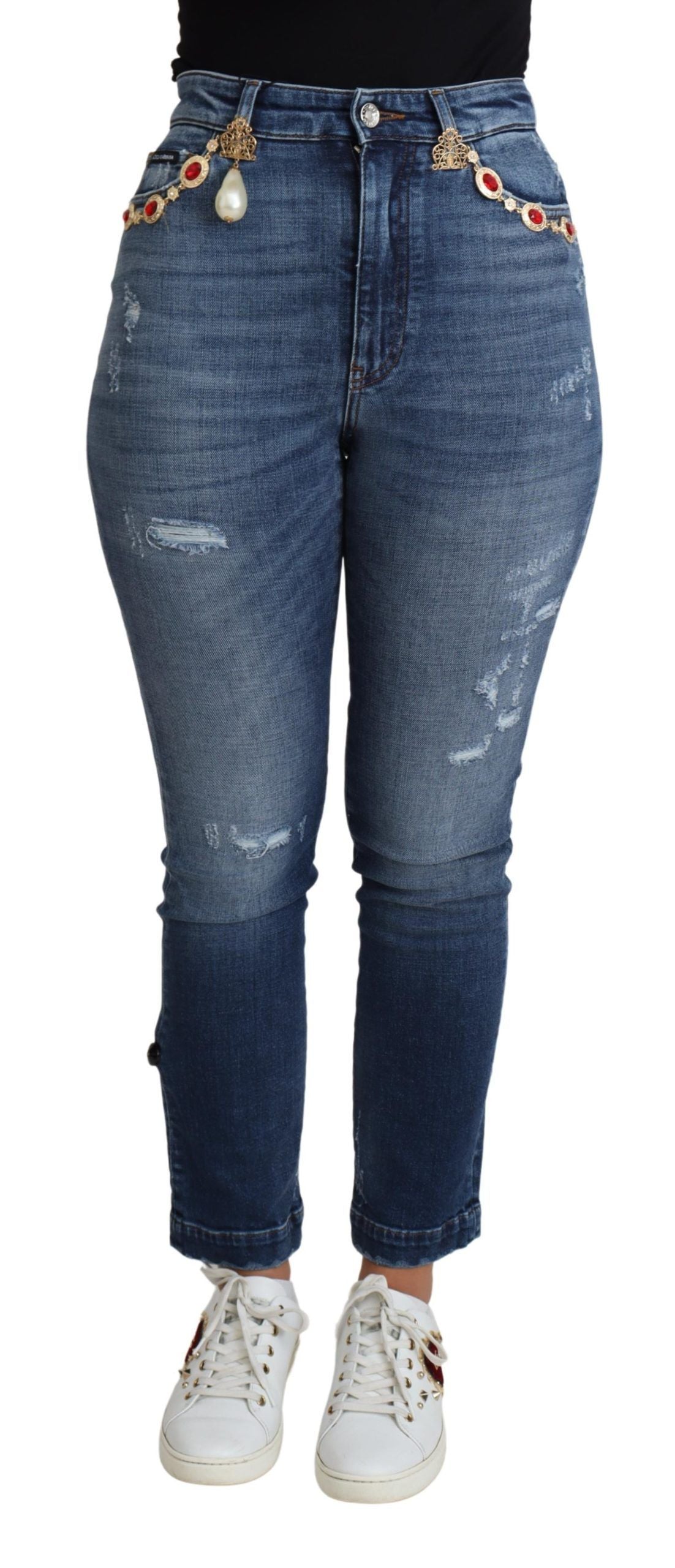 Jeans skinny in cotone con decorazioni blu Dolce &amp; Gabbana