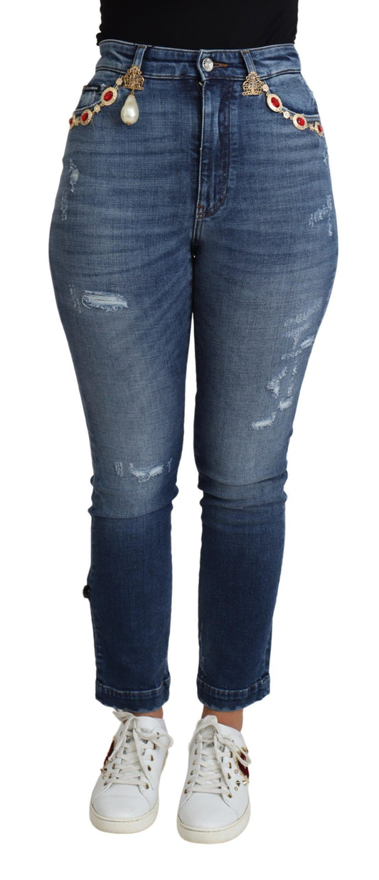 Jeans skinny in cotone con decorazioni blu Dolce &amp; Gabbana