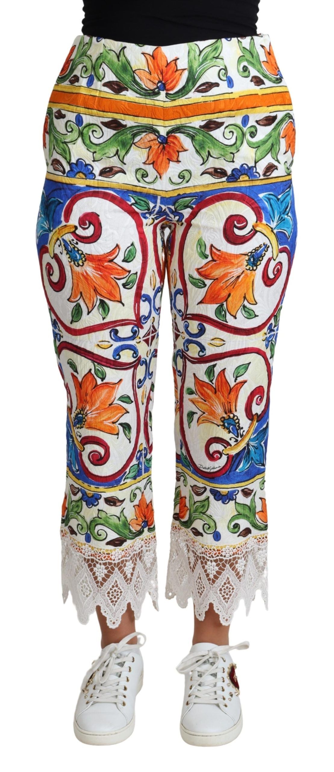 Pantaloni in cotone con stampa maiolica multicolore Dolce &amp; Gabbana